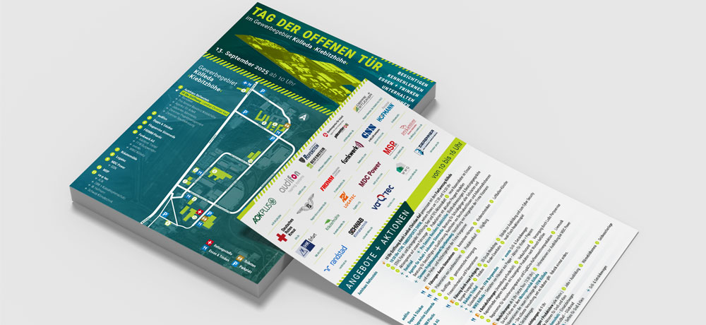 Aktuelles 6 Flyer zum "Tag der offenen Tür" im Gewerbegebiet Kölleda-Kiebietzhöhe am 13. September 2025. Der Flyer zeigt auf der Vorderseite eine Karte des Gewerbegebiets mit eingezeichneten Stationen, Wegführung und Legende. Auf der Rückseite sind zahlreiche Firmenlogos abgebildet sowie eine Liste mit Angeboten und Aktionen von 10 bis 16 Uhr.