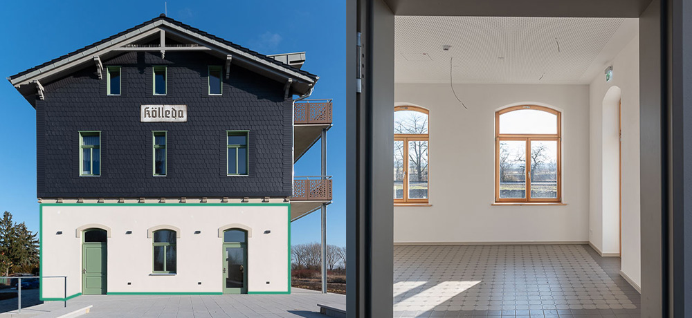 Aktuelles 1 Links ist die Außenansicht des sanierten Bahnhofsgebäudes in Kölleda mit dunkler Schieferfassade im Obergeschoss, hell verputztem Erdgeschoss und grün gerahmten Fenstern zu sehen. Rechts zeigt ein Einblick in die hellen, leerstehenden Innenräume des geplanten Cafés mit großen Holzfenstern, gefliesten Böden und viel Tageslicht.