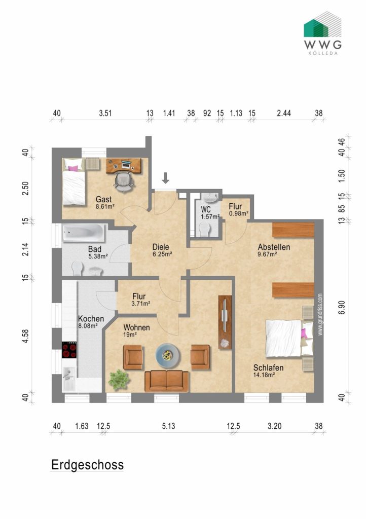 Brückentor 1 3 Grundriss der Wohnung mit Bemaßung und Möblierung